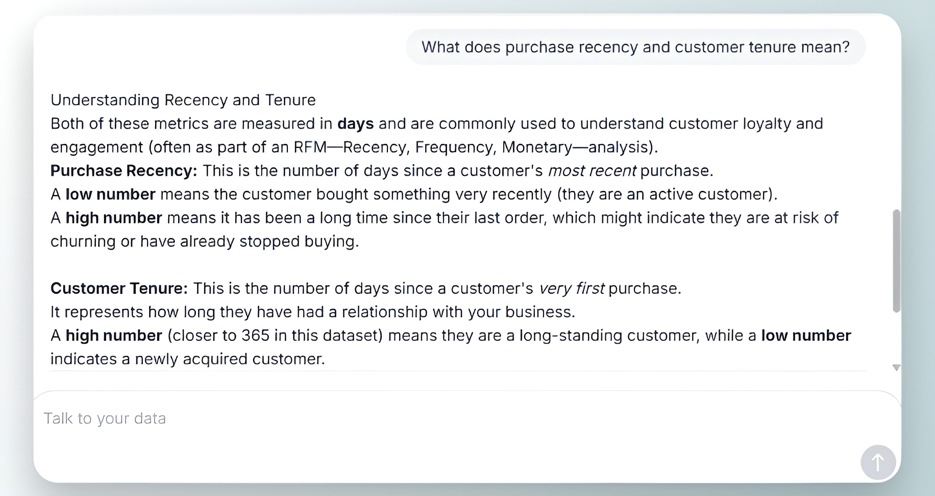 Conversational data analysis interface showing a question and structured AI response with a data table